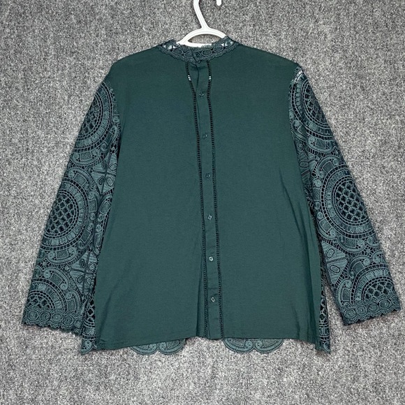 Antropologie James Coviello New York Lace Blouse Top Green Button Up Elegant XL - Picture 3 of 11